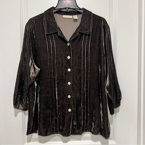Vintage J. Jill Women's Crushed Velvet Button Up Blouse 3/4 Sleeves Brown L (14) - Picture 1 of 12